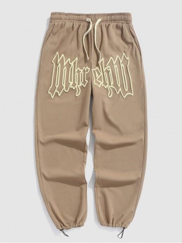 Textured Drawstring Letter Graphic Straight Pants