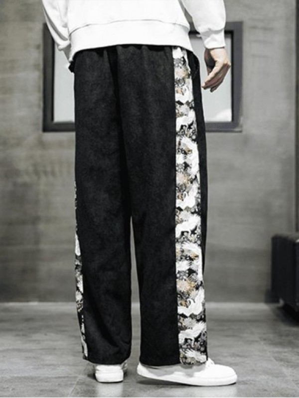 Chinese Style Crane Printed Drawstring Casual Pants