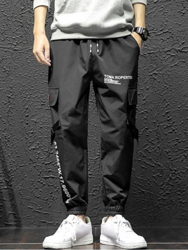 Letter Print Flap Pockets Cargo Jogger Techwear Pants