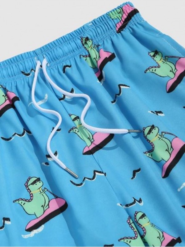 Cartoon Dinosaur Printed Drawstring Beach Shorts