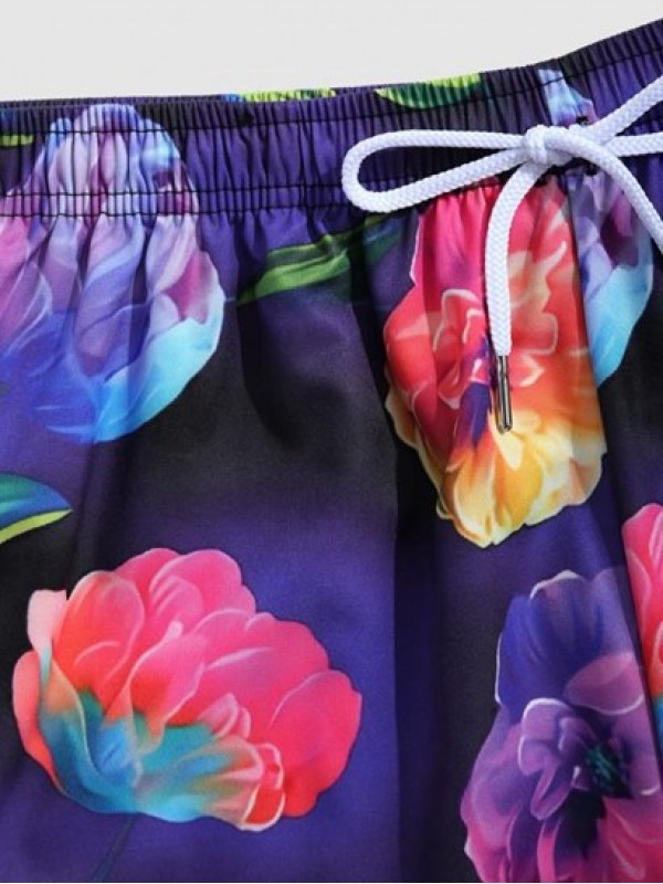 Floral Print Pocket Drawstring Beach Shorts