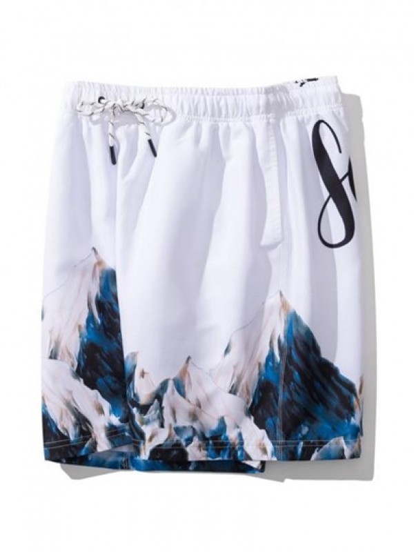 Mountain Painting Letter Print Drawstring Casual Shorts