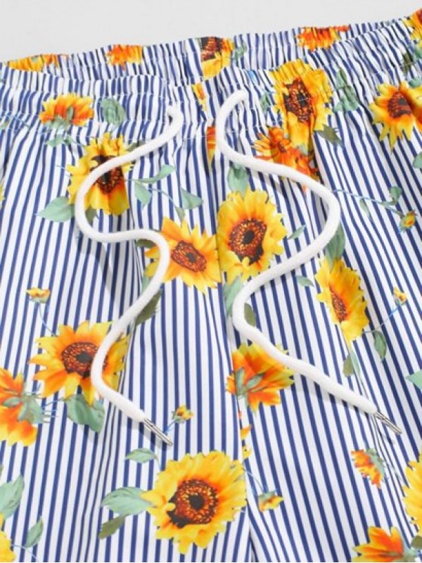 Vertical Striped Sunflower Print Board Shorts