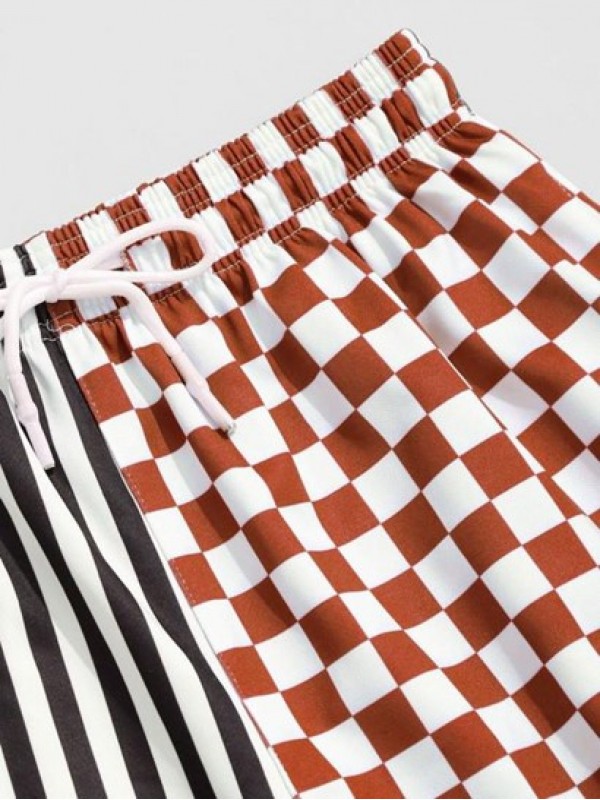 Drawstring Stripe Checkerboard Half Print Casual Shorts