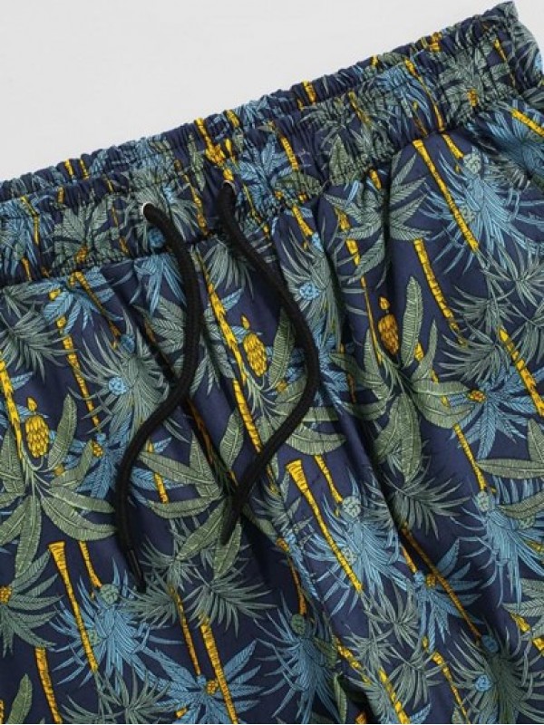 Drawstring Tropical Plant Print Beach Shorts