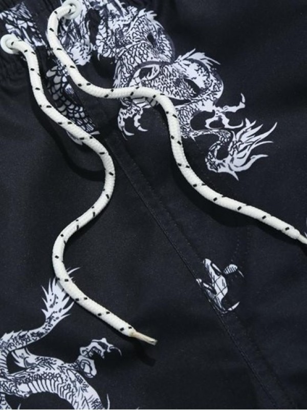 Chinese Style Dragon Print Vacation Beach Drawstring Shorts