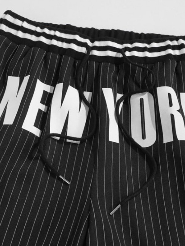 Streetwear Pinstripes NEW YORK Pattern Drawstring Shorts