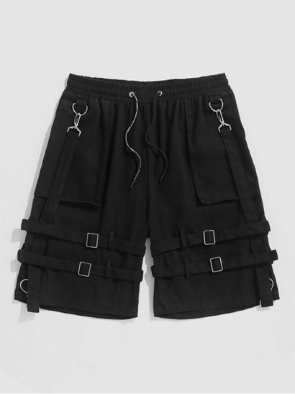 Buckle Strap Drawstring Cargo Shorts