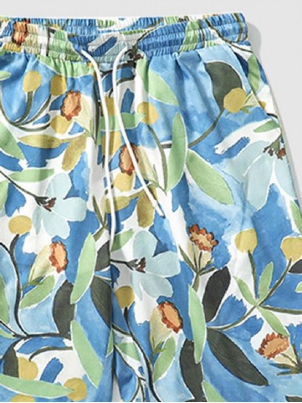 Retro Floral Printed Drawstring Casual Shorts