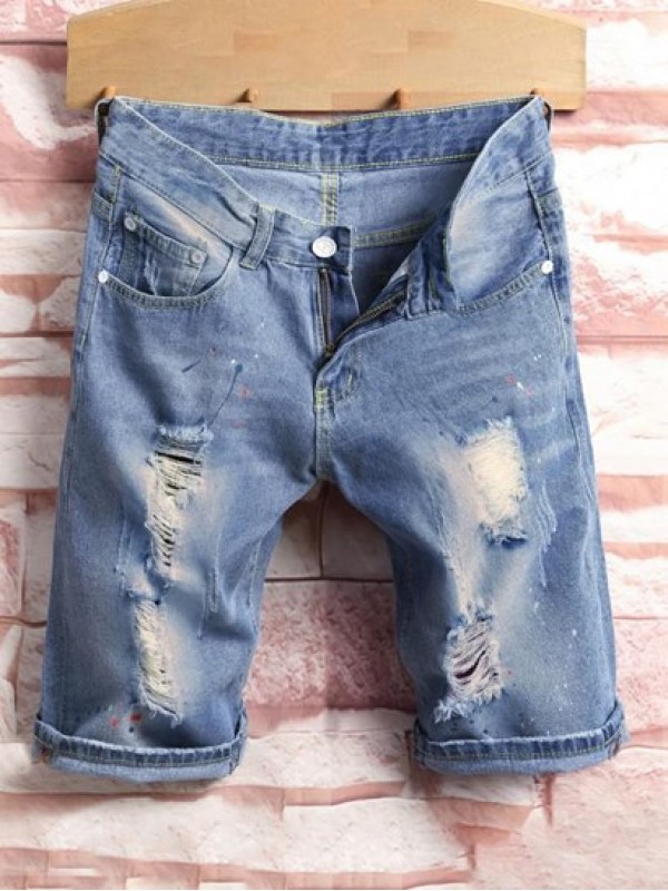 Splash Paint Pattern Destroyed Denim Shorts