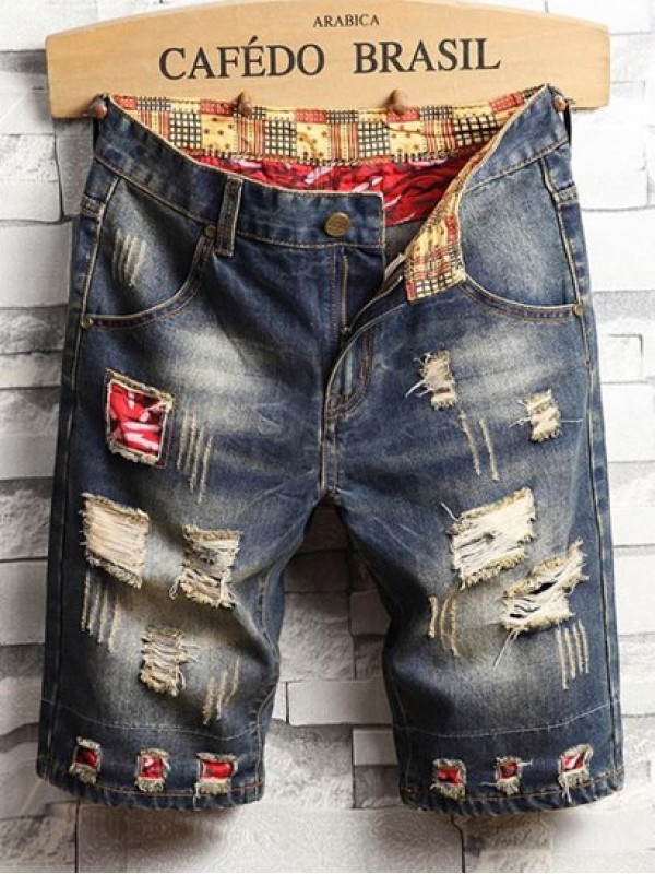 Patchwork Design Destroyed Denim Shorts