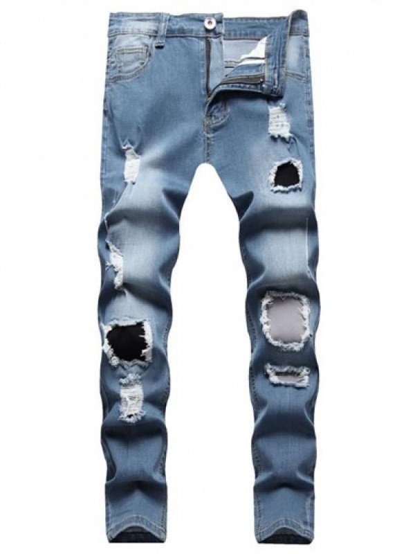 Ripped Patch Zipper Casual Jeans