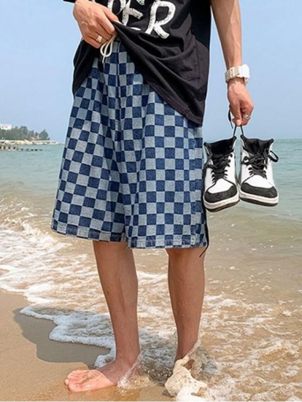 Checkerboard Pattern Drawstring Denim Shorts