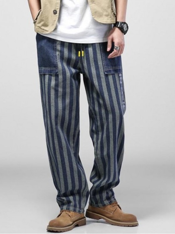 Striped Letters Print Straight Leg Jeans