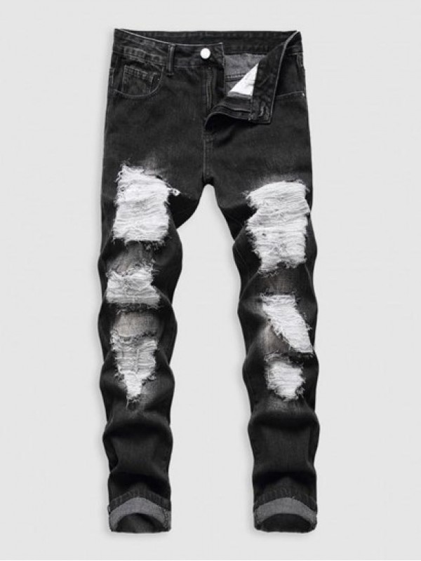 Black Ripped Zipper Fly Pockets Jeans