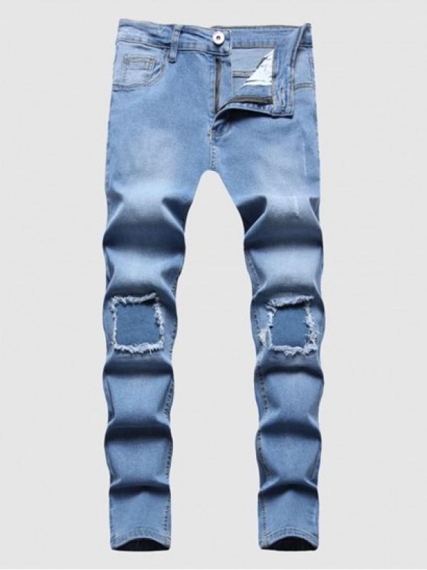 Contrast Ripped Patch Pocket Casual Jeans