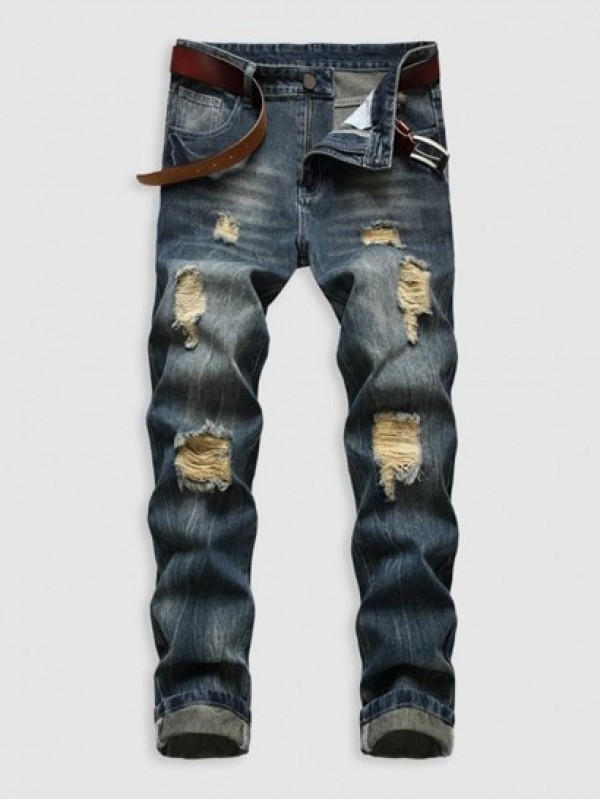 Retro Ripped Pockets Zipper Fly Jeans