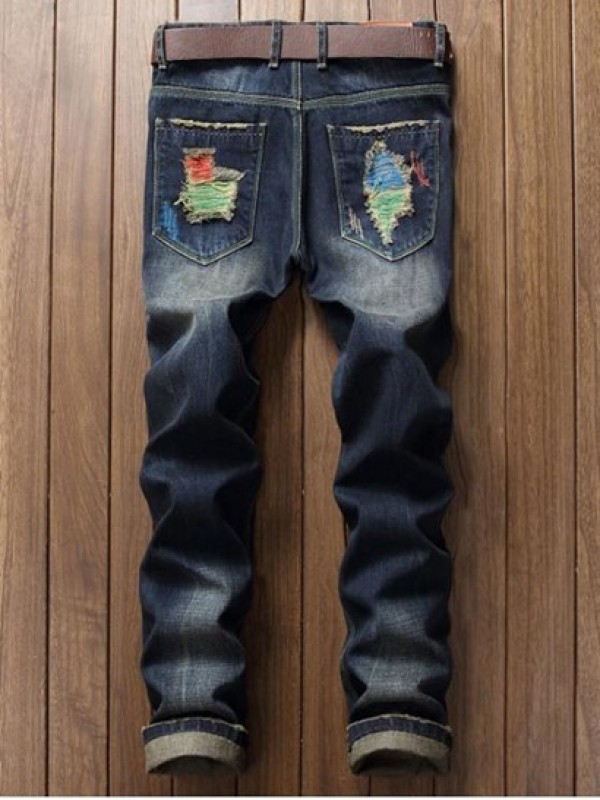 Colorful Destroy Wash Scratch Long Casual Ripped Jeans