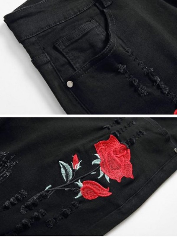 Rose Floral Embroidered Ripped Design Skinny Jeans