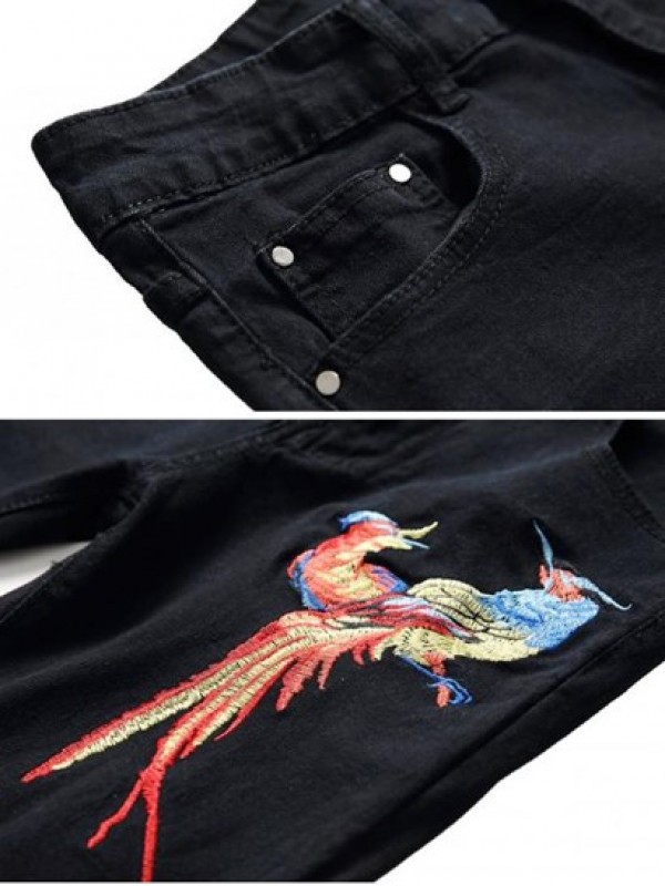 Ripped Floral Bird Embroidery Destroy Wash Long Jeans