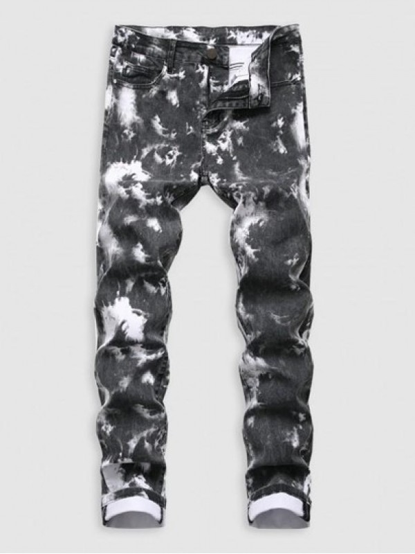 Tie-dye Pattern Cuffed Stretch Jeans