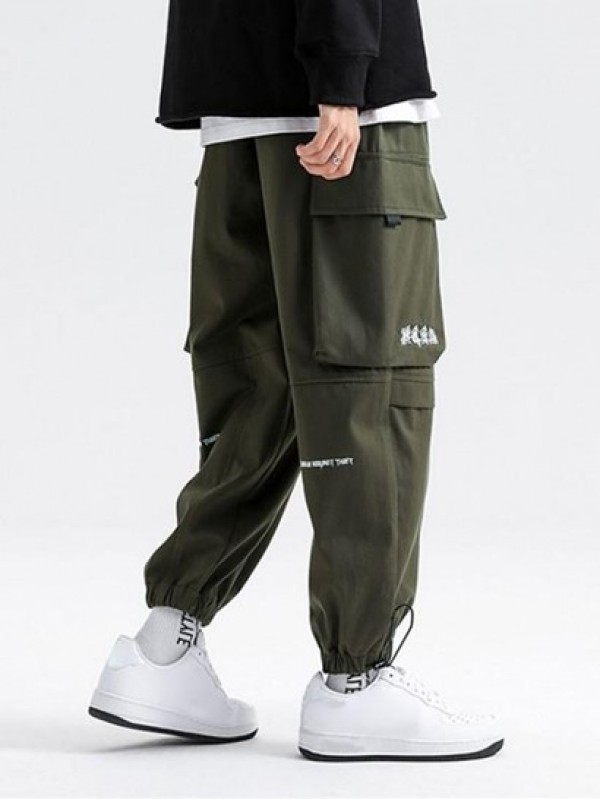 Casual Letter Print Pockets Elastic Waist Cargo Techwear Pants