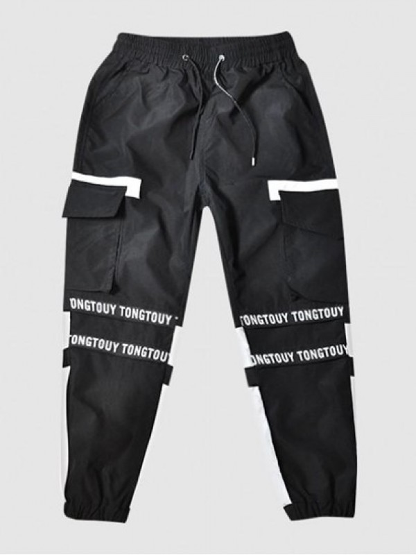 Letter Print Colorblock Drawstring Cargo Jogger Pants