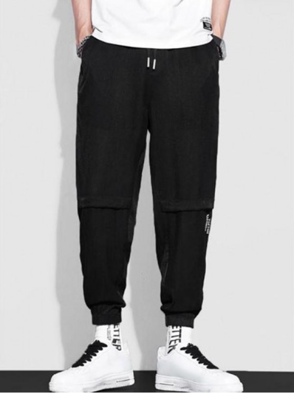 Wrinkled Letter Embroidery Drawstring Jogger Pants