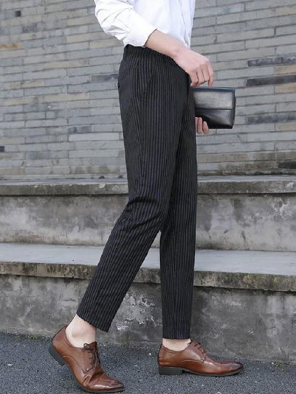 Vertical Striped Pockets Tapered Office Pants