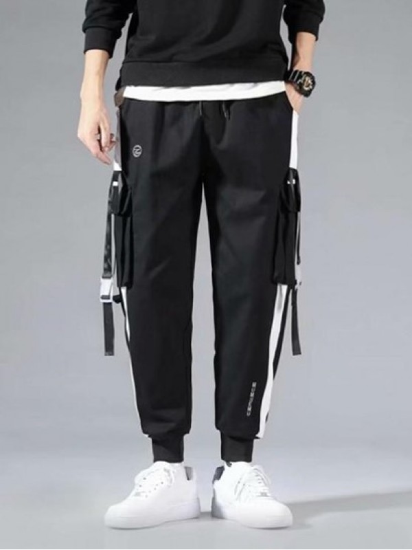 Colorblock Pockets Letter Print Drawstring Cargo Shorts