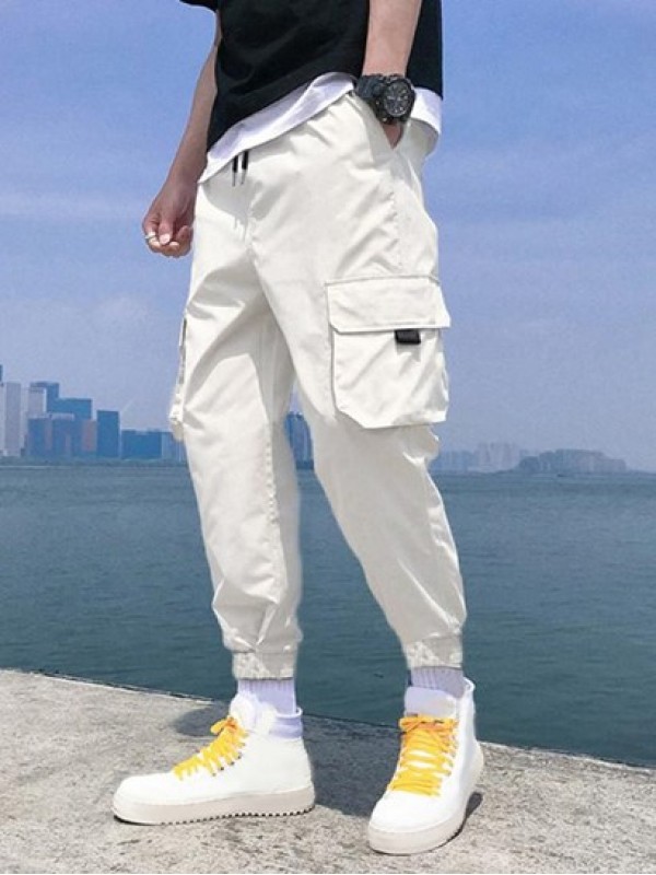 Multi Pockets Solid Color Drawstring Jogger Cargo Pants