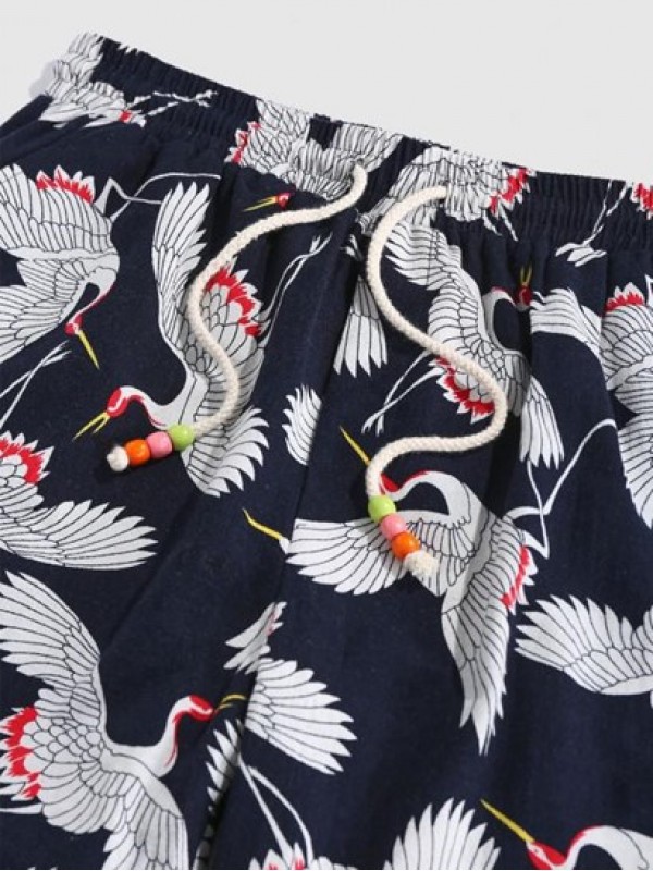 Flying Crane Print Pants