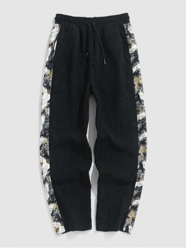 Chinese Style Crane Printed Drawstring Casual Pants