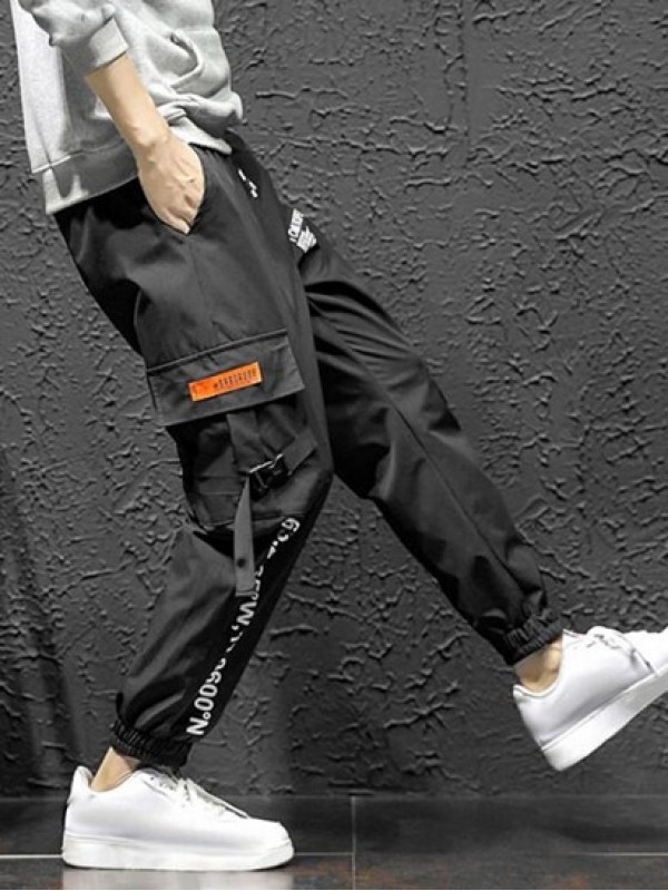 Letter Print Flap Pockets Cargo Jogger Techwear Pants