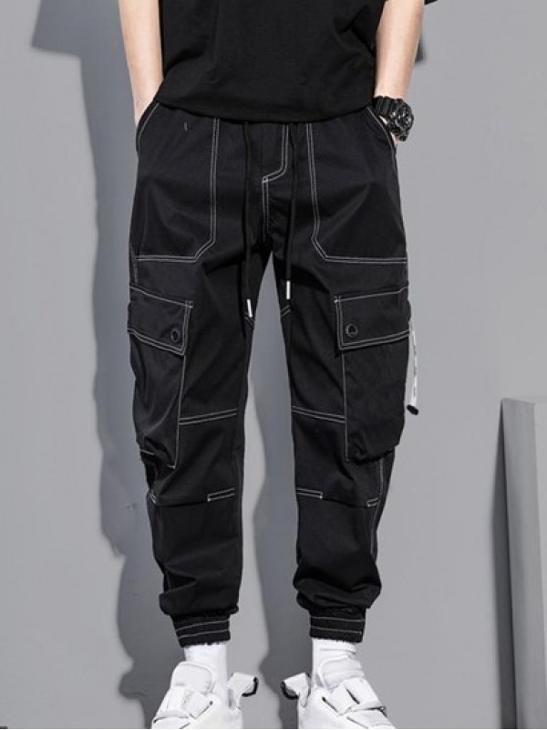 Multi-pocket Solid Color Topstitching Streetwear Cargo Pants