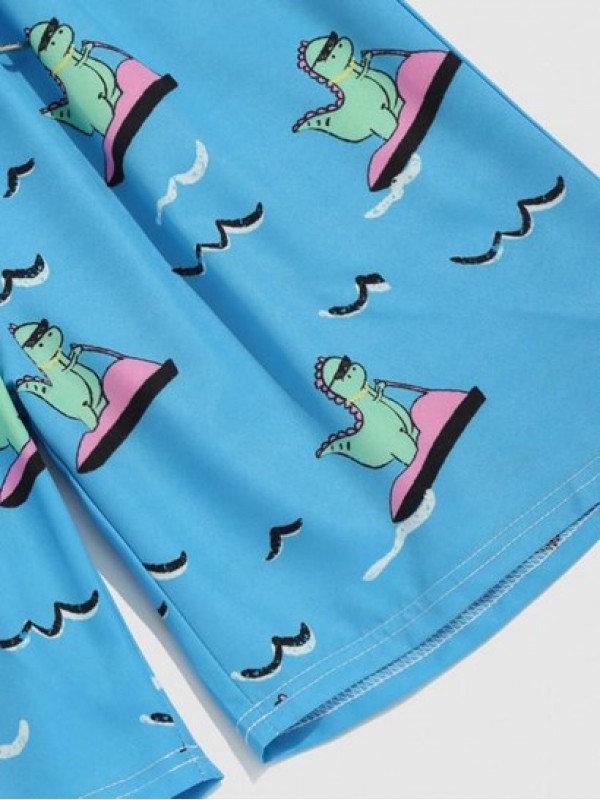 Cartoon Dinosaur Printed Drawstring Beach Shorts