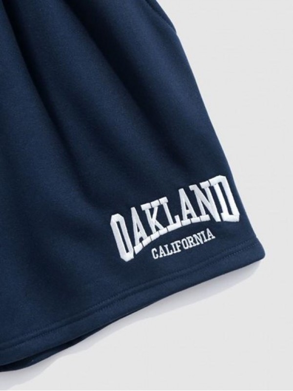 Letter OAKLAND Embroidery Fleece-lined Drawstring Blokecore Sweat Shorts