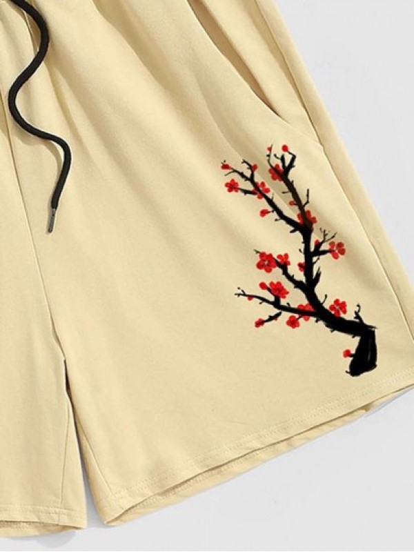 Plum Blossoms And Chinese Characters Print Shorts