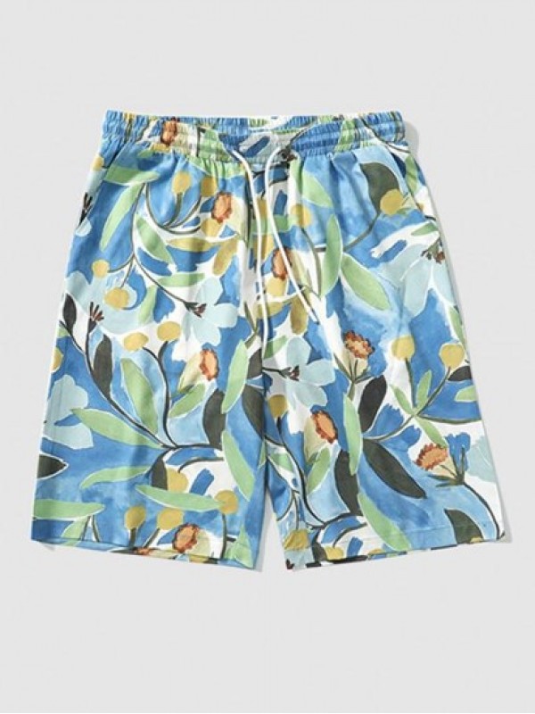 Retro Floral Printed Drawstring Casual Shorts