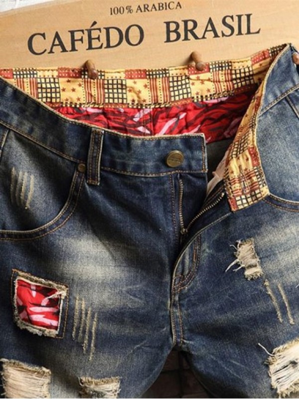 Patchwork Design Destroyed Denim Shorts