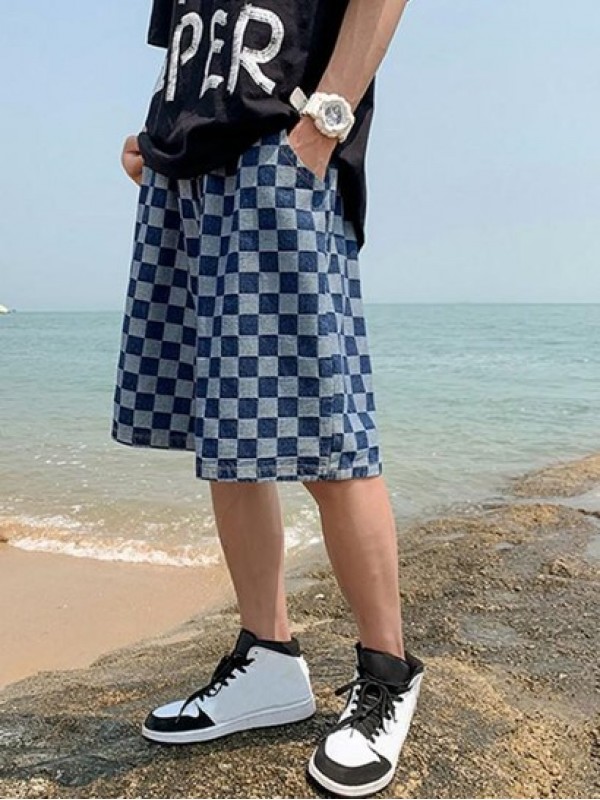 Checkerboard Pattern Drawstring Denim Shorts