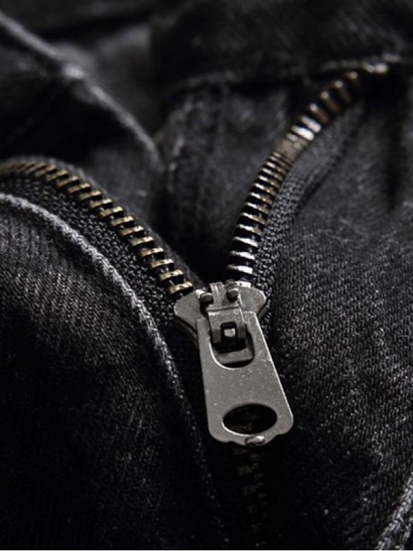 Black Ripped Zipper Fly Pockets Jeans