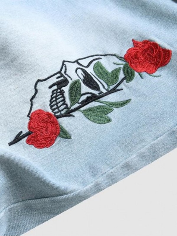 Ripped Rose Embroidery Zipper Fly Jeans