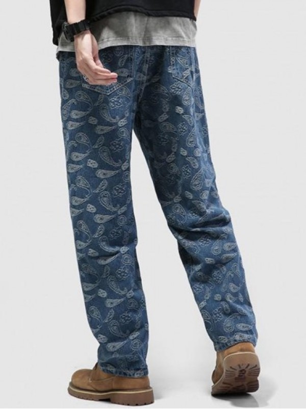 Straight Leg Paisley Flower Print Y2K Aesthetic Jeans