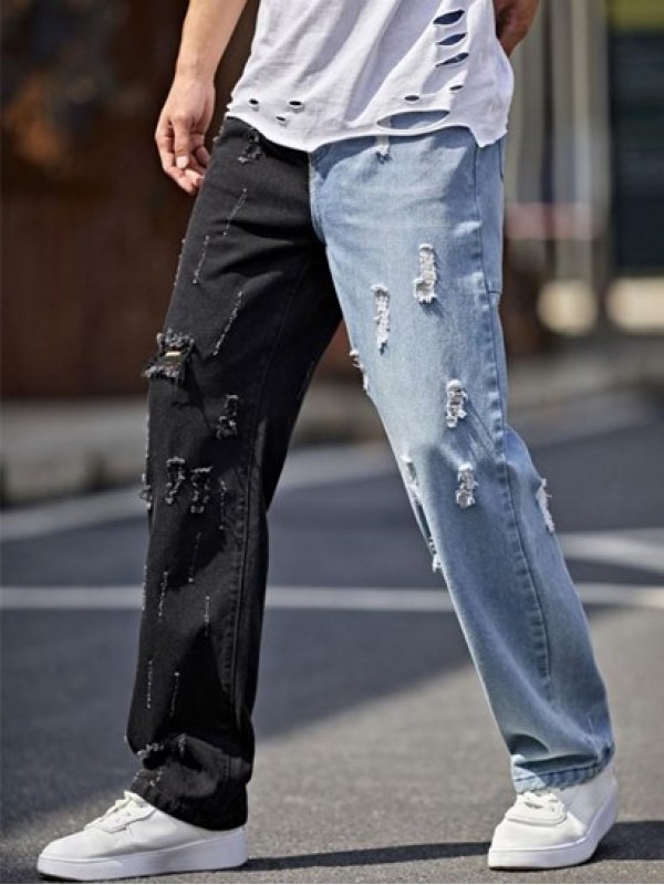 Ripped Straight Leg Two Tone Jeans