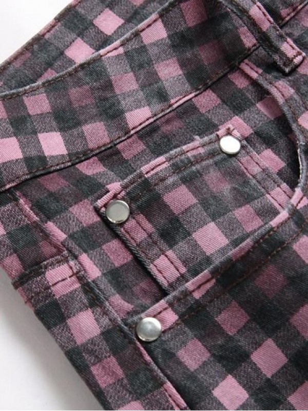 Plaid Print Pockets Zipper Retro Jeans