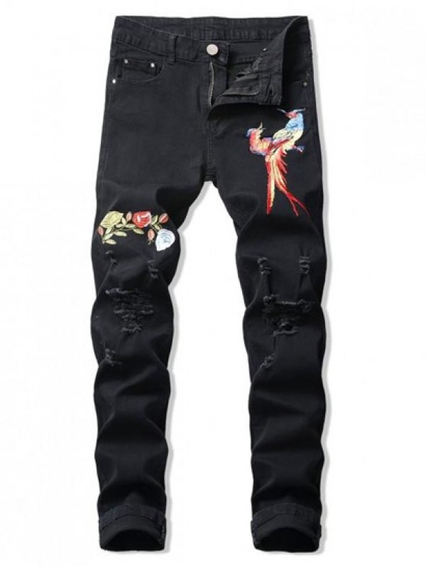 Ripped Floral Bird Embroidery Destroy Wash Long Jeans