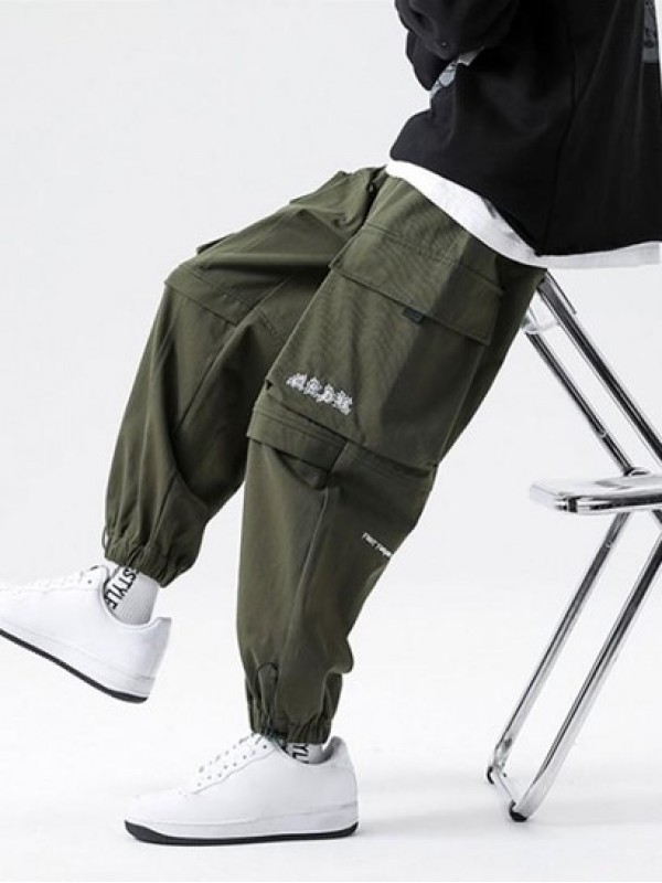 Casual Letter Print Pockets Elastic Waist Cargo Techwear Pants