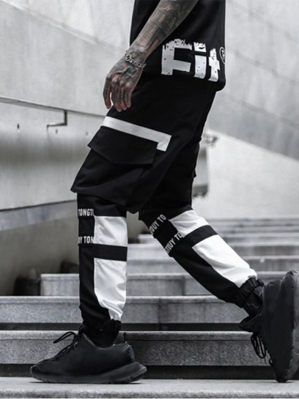 Letter Print Colorblock Drawstring Cargo Jogger Pants