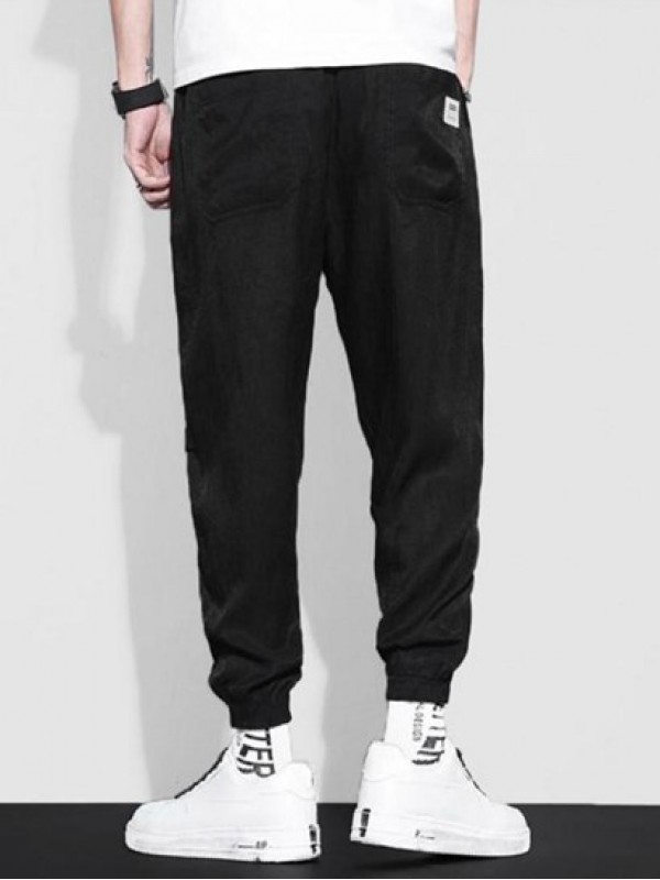 Wrinkled Letter Embroidery Drawstring Jogger Pants